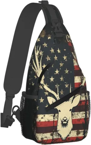 Deer Camo Camouflage American Flag Hunting Sling Backpack Hiking Backpack Crossbody Bag Sports Lightweight And Durable Chest Bag Shoulder Bag For Women Men