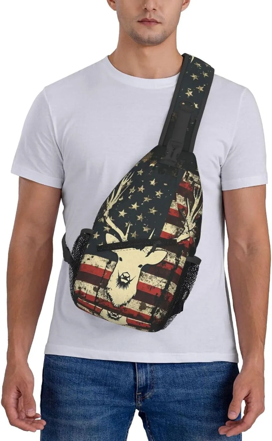 Deer Camo Camouflage American Flag Hunting Sling Backpack Hiking Backpack Crossbody Bag Sports Lightweight And Durable Chest Bag Shoulder Bag For Women Men