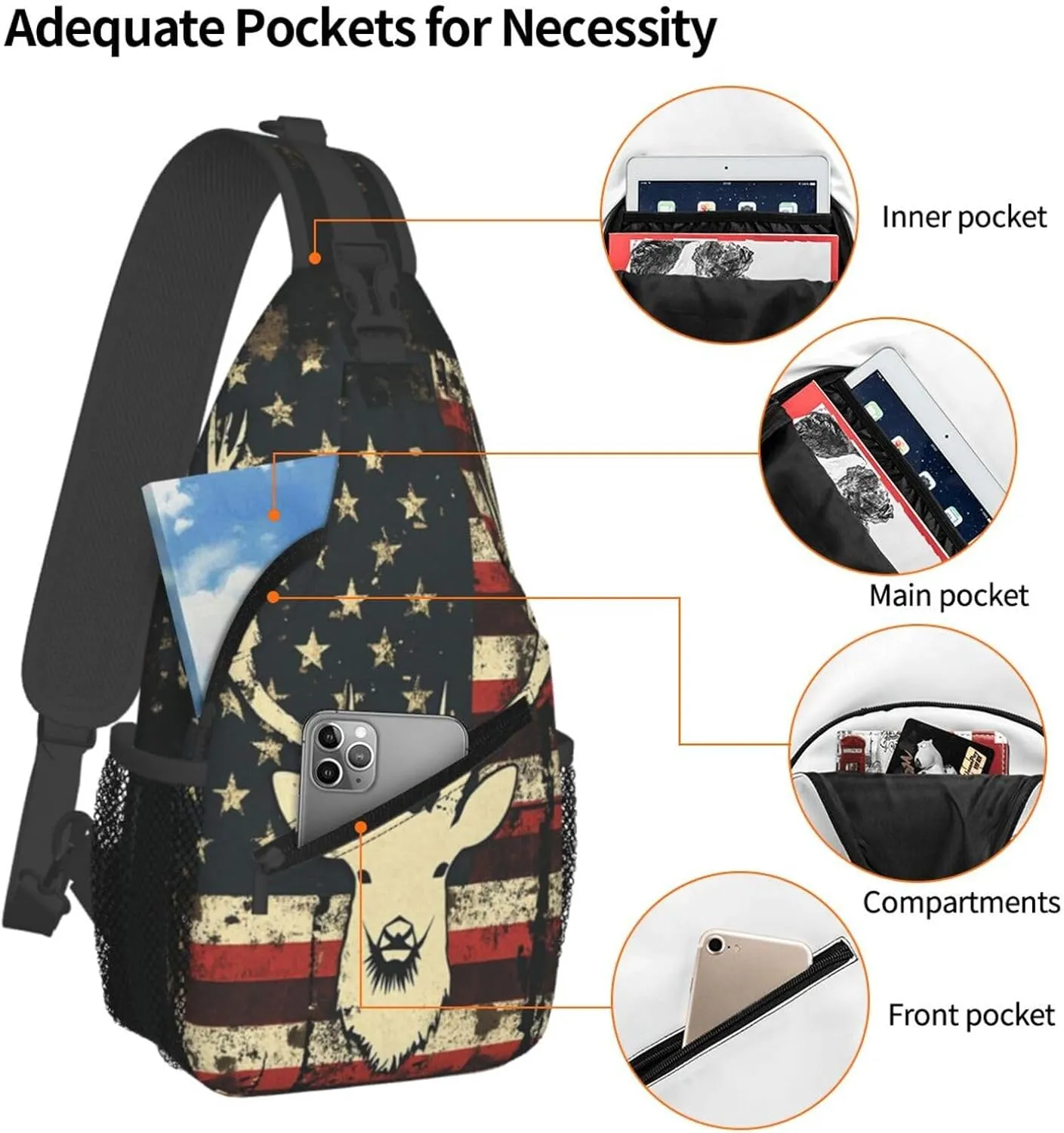Deer Camo Camouflage American Flag Hunting Sling Backpack Hiking Backpack Crossbody Bag Sports Lightweight And Durable Chest Bag Shoulder Bag For Women Men