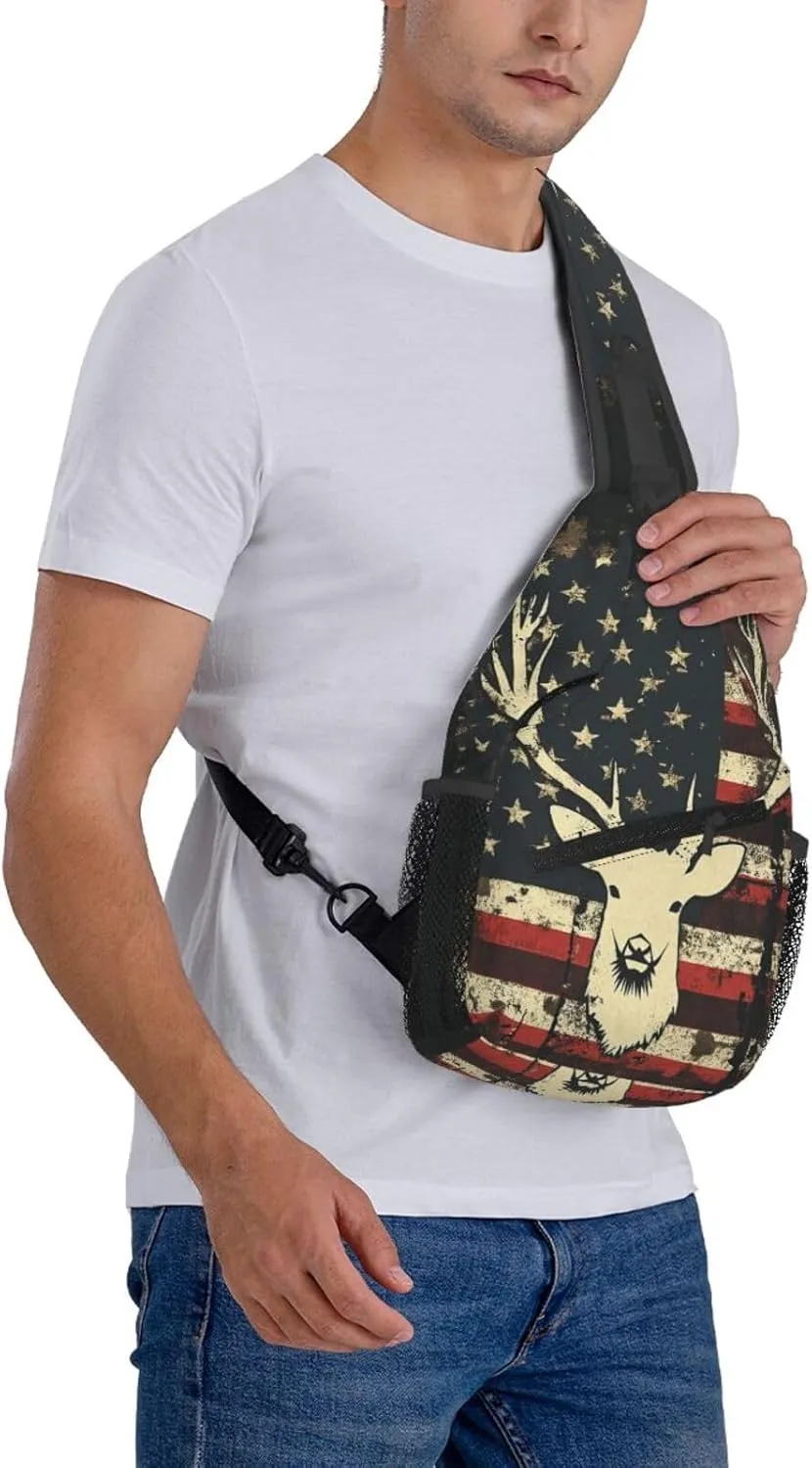 Deer Camo Camouflage American Flag Hunting Sling Backpack Hiking Backpack Crossbody Bag Sports Lightweight And Durable Chest Bag Shoulder Bag For Women Men