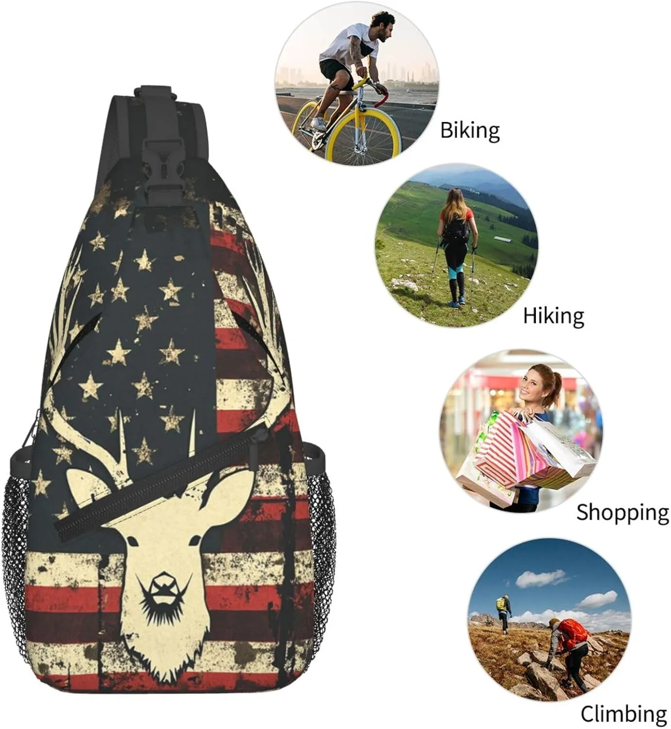 Deer Camo Camouflage American Flag Hunting Sling Backpack Hiking Backpack Crossbody Bag Sports Lightweight And Durable Chest Bag Shoulder Bag For Women Men