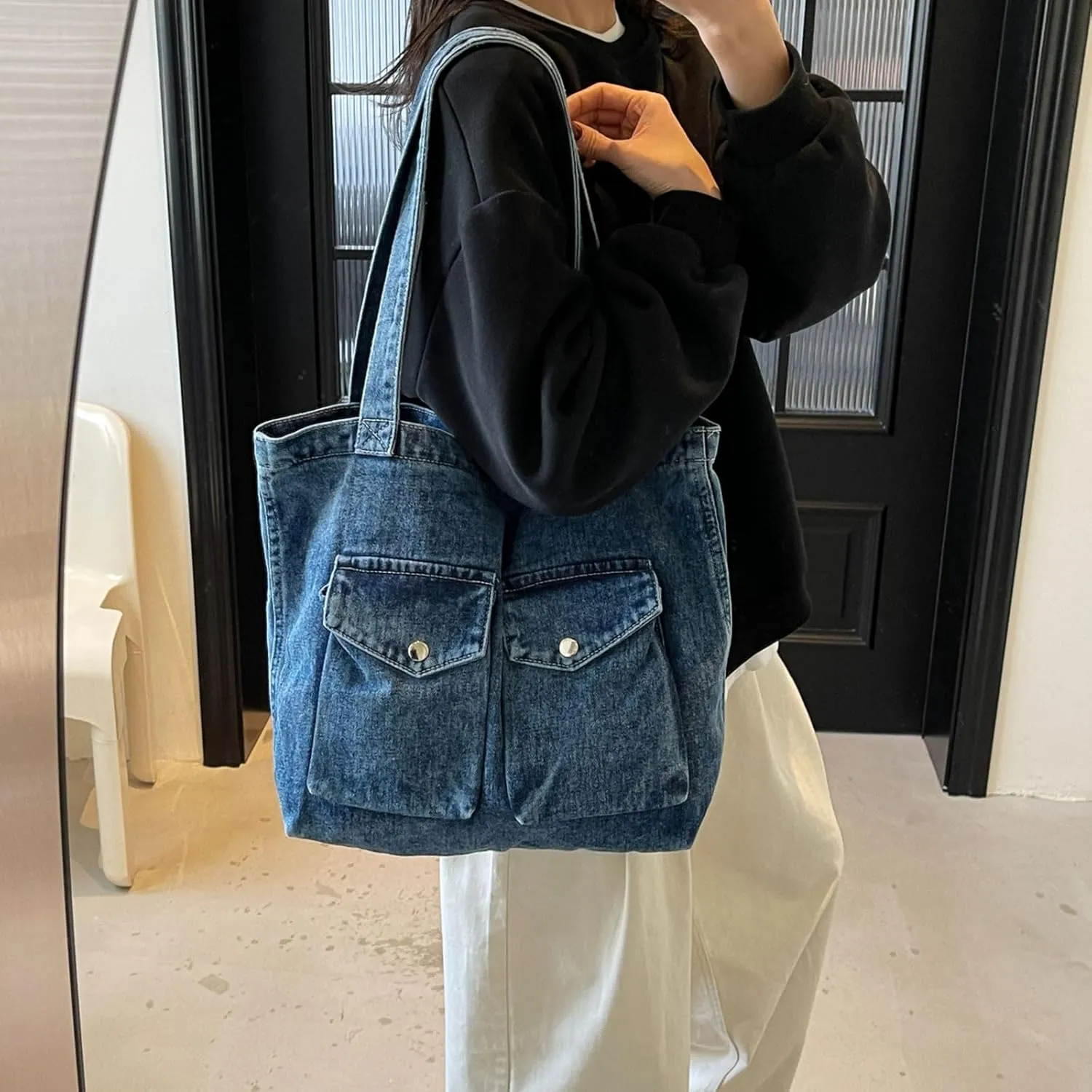 Denim Hobo Bag Casual Shoulder Bag Laptop Bag Tote Bag Stachel Bag Travel Daypacks