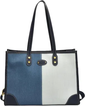 Denim Tote Bag for Women, Blue Jean and White, Top Handle, Collage Design
