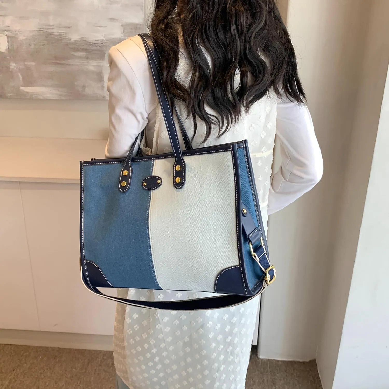 Denim Tote Bag for Women, Blue Jean and White, Top Handle, Collage Design