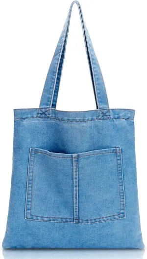 Denim Tote Bag for Women,Zipper Canvas Aesthetic Shoulder Handbags Cute Large Purse For Beach Shopping School Work
