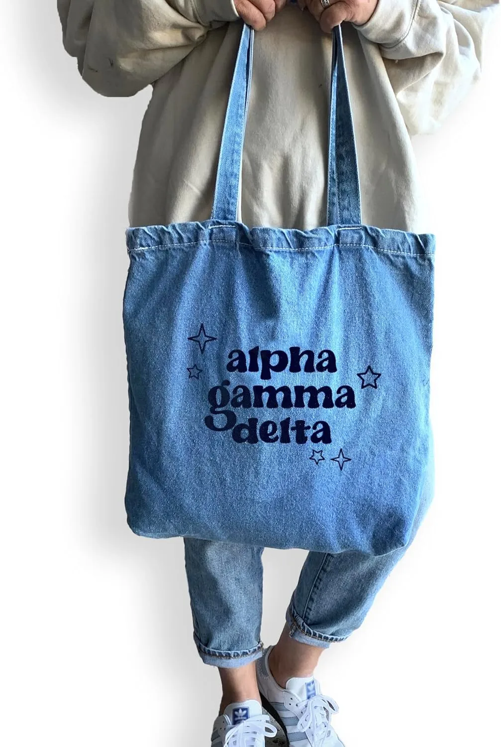 Denim Tote Bag - Retro Vibe Sorority Tote with Name and Stars Design