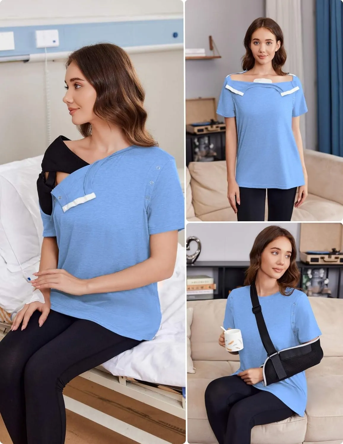 Deyeek Shoulder Surgery Shirts for Women Full Tear Away 2 Side Snaps Chemo Port Post Rotator Cuff Surgery Recovery Clothing