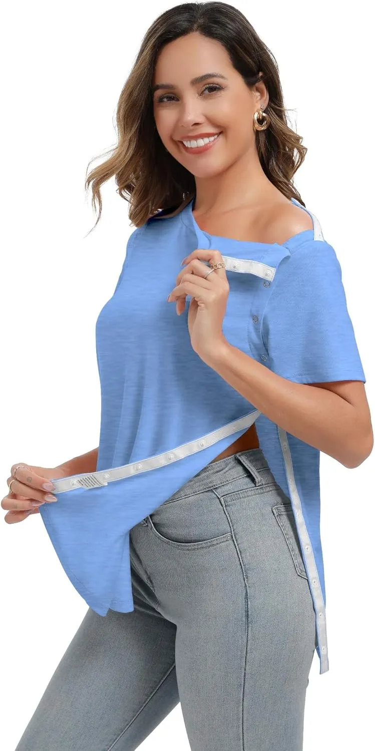 Deyeek Shoulder Surgery Shirts for Women Full Tear Away 2 Side Snaps Chemo Port Post Rotator Cuff Surgery Recovery Clothing