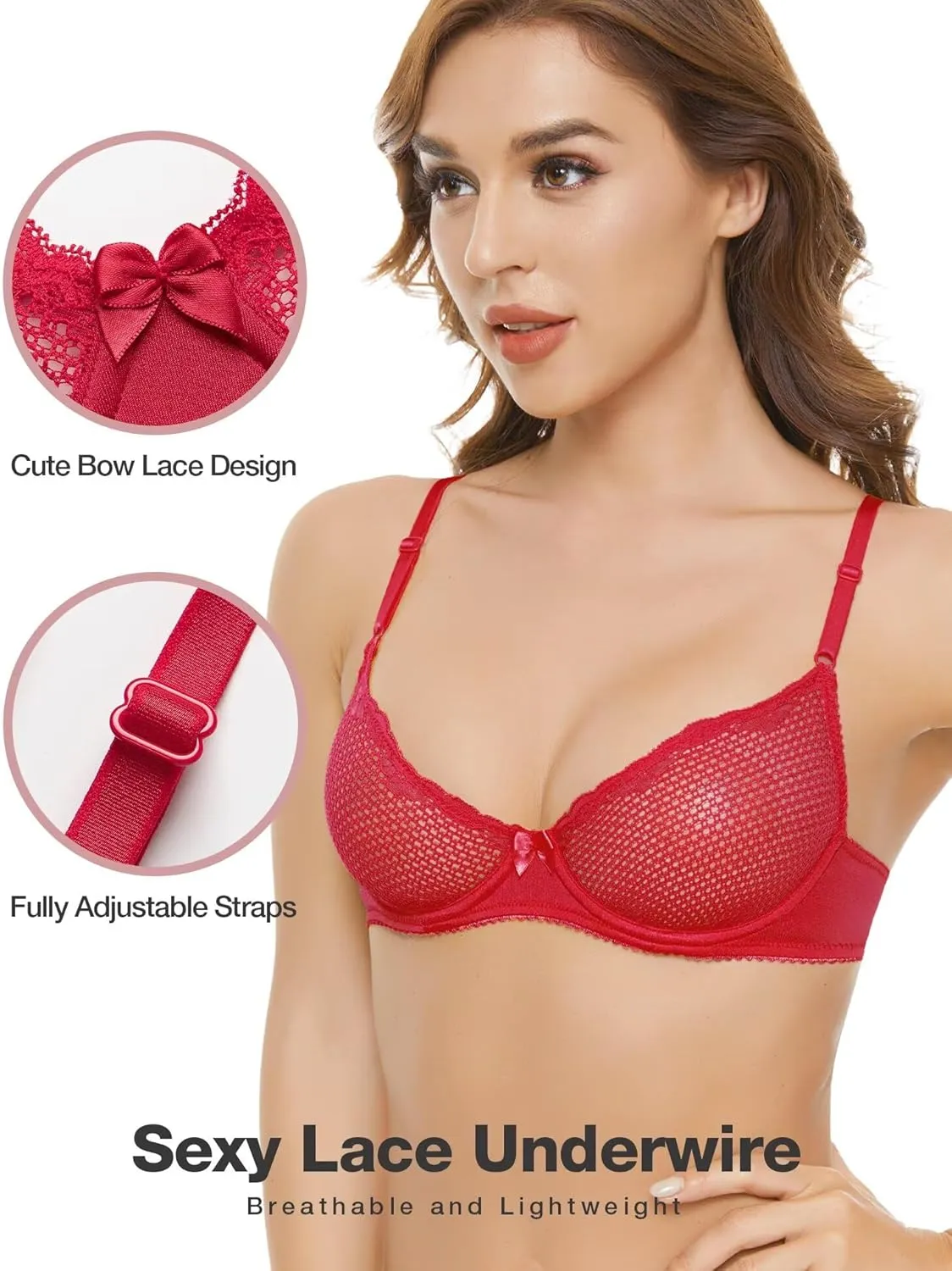 Deyllo Women's Sexy Lace Balconette Bra See Through Demi Unlined Bras Mesh Sheer Underwire