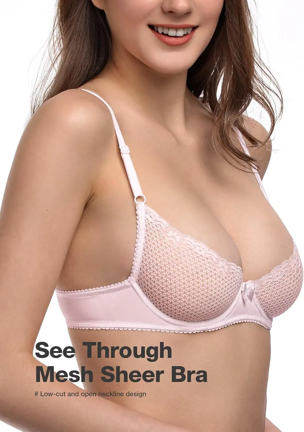 Deyllo Women's Sexy Lace Balconette Bra See Through Demi Unlined Bras Mesh Sheer Underwire
