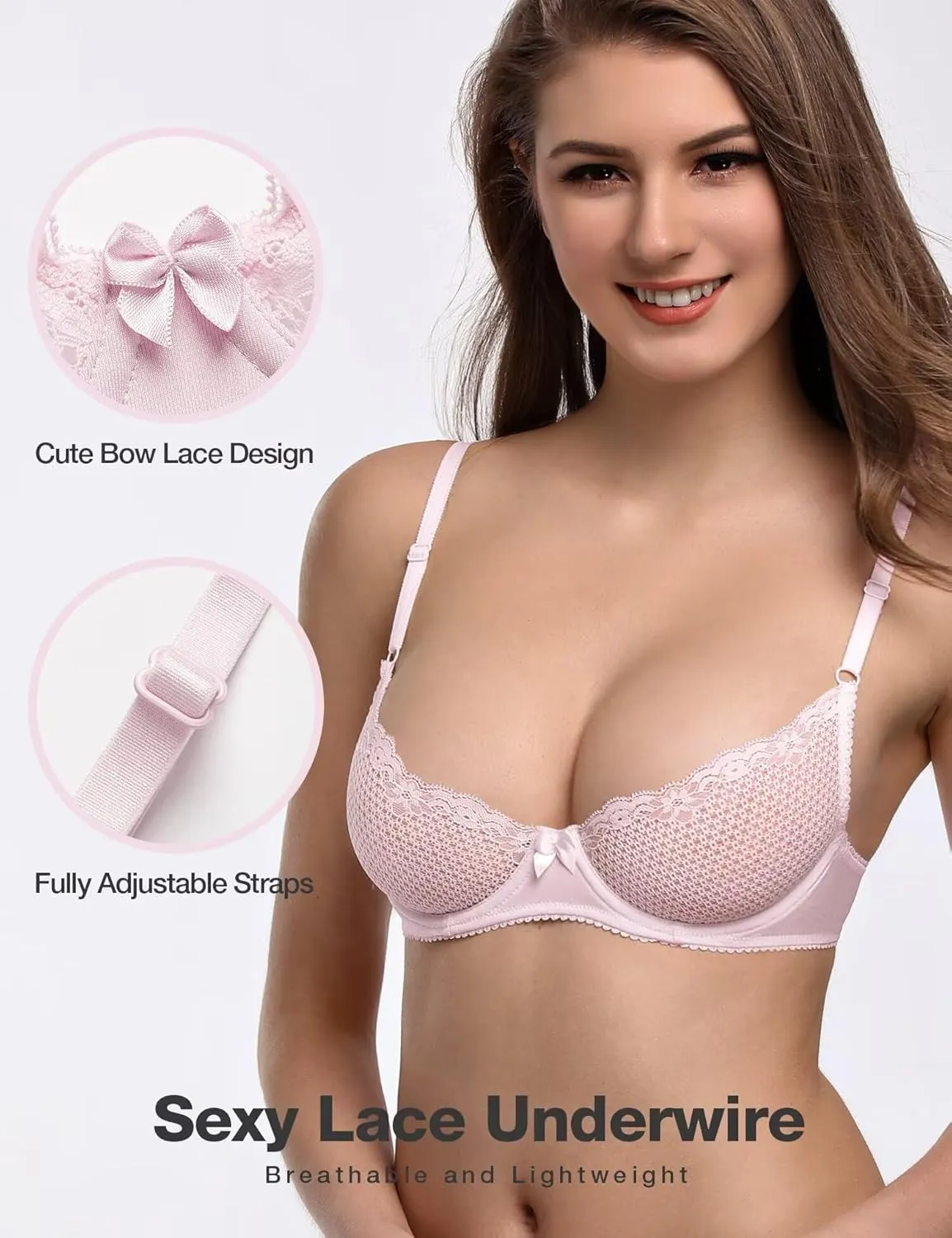 Deyllo Women's Sexy Lace Balconette Bra See Through Demi Unlined Bras Mesh Sheer Underwire