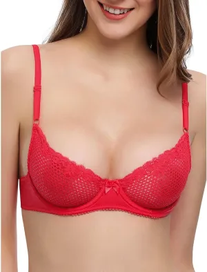 Deyllo Women's Sexy Lace Balconette Bra See Through Demi Unlined Bras Mesh Sheer Underwire