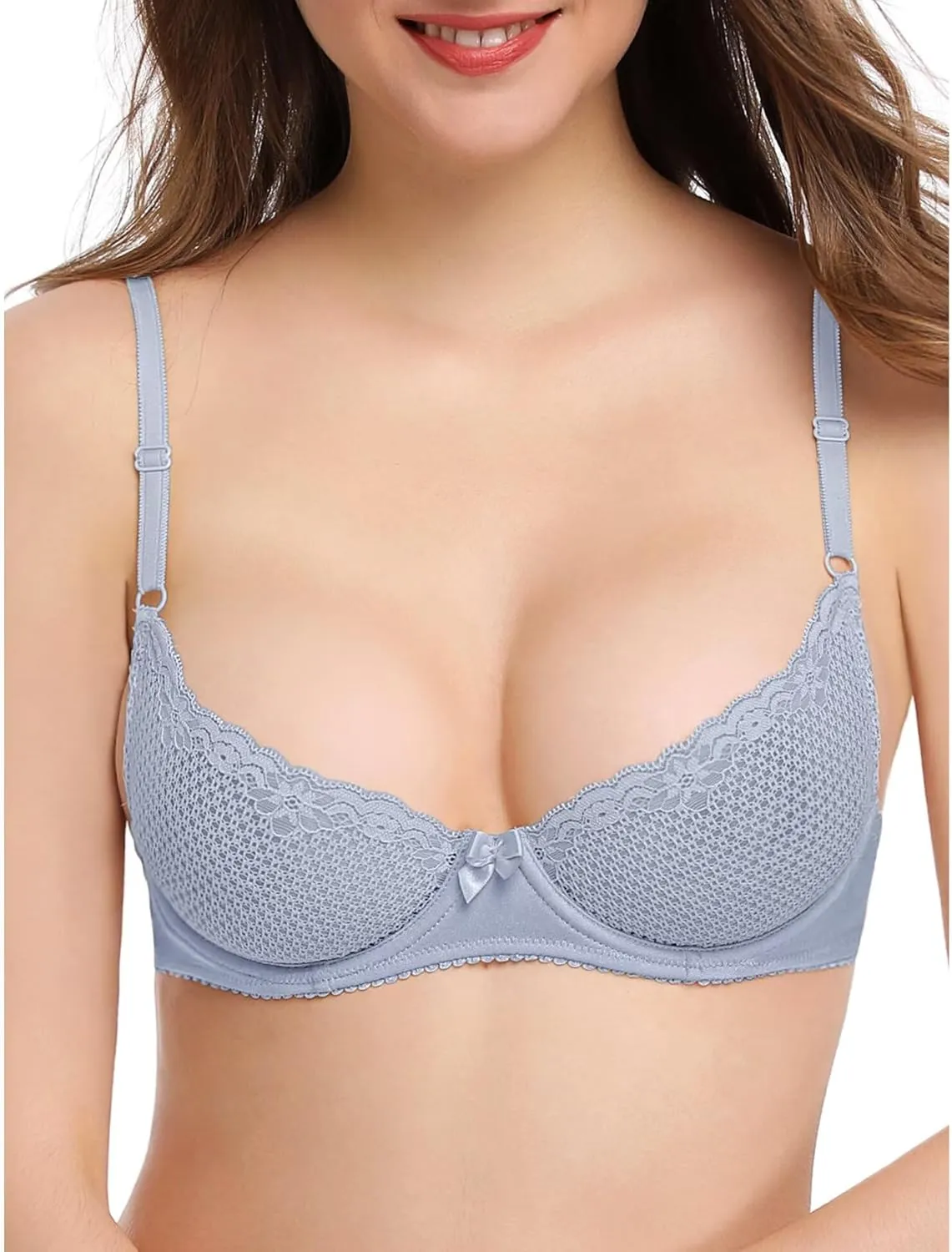 Deyllo Women's Sexy Lace Balconette Bra See Through Demi Unlined Bras Mesh Sheer Underwire