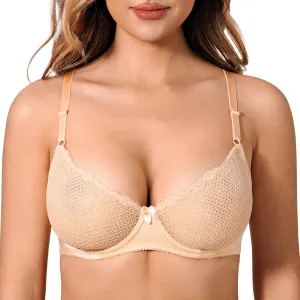 Deyllo Women's Sexy Lace Balconette Bra See Through Demi Unlined Bras Mesh Sheer Underwire