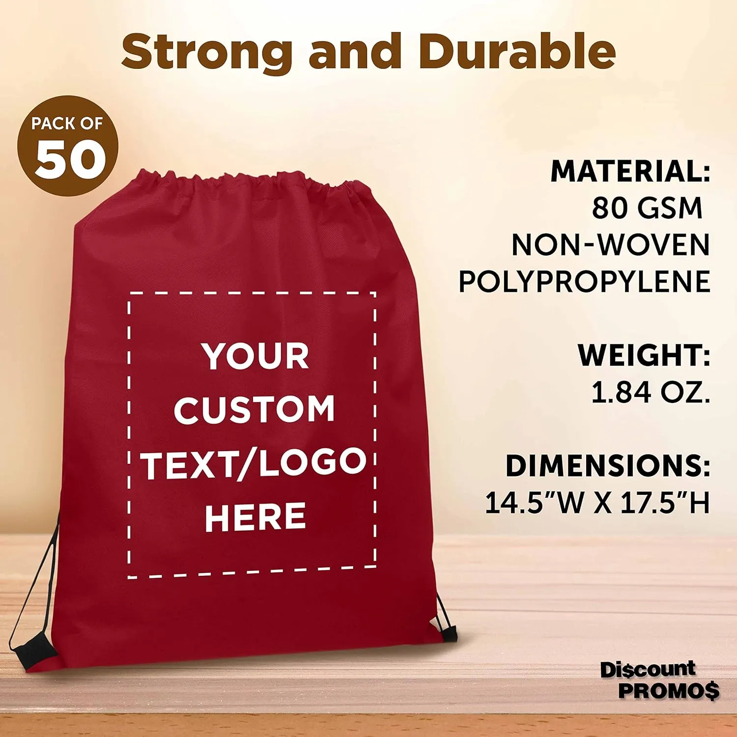 DISCOUNT PROMOS Custom Non-Woven Drawstring Backpacks Set of 50, Personalized Bulk Pack - Bring Everywhere You Go, Great for Travelling, Gym and for Everyday Use - Burgundy