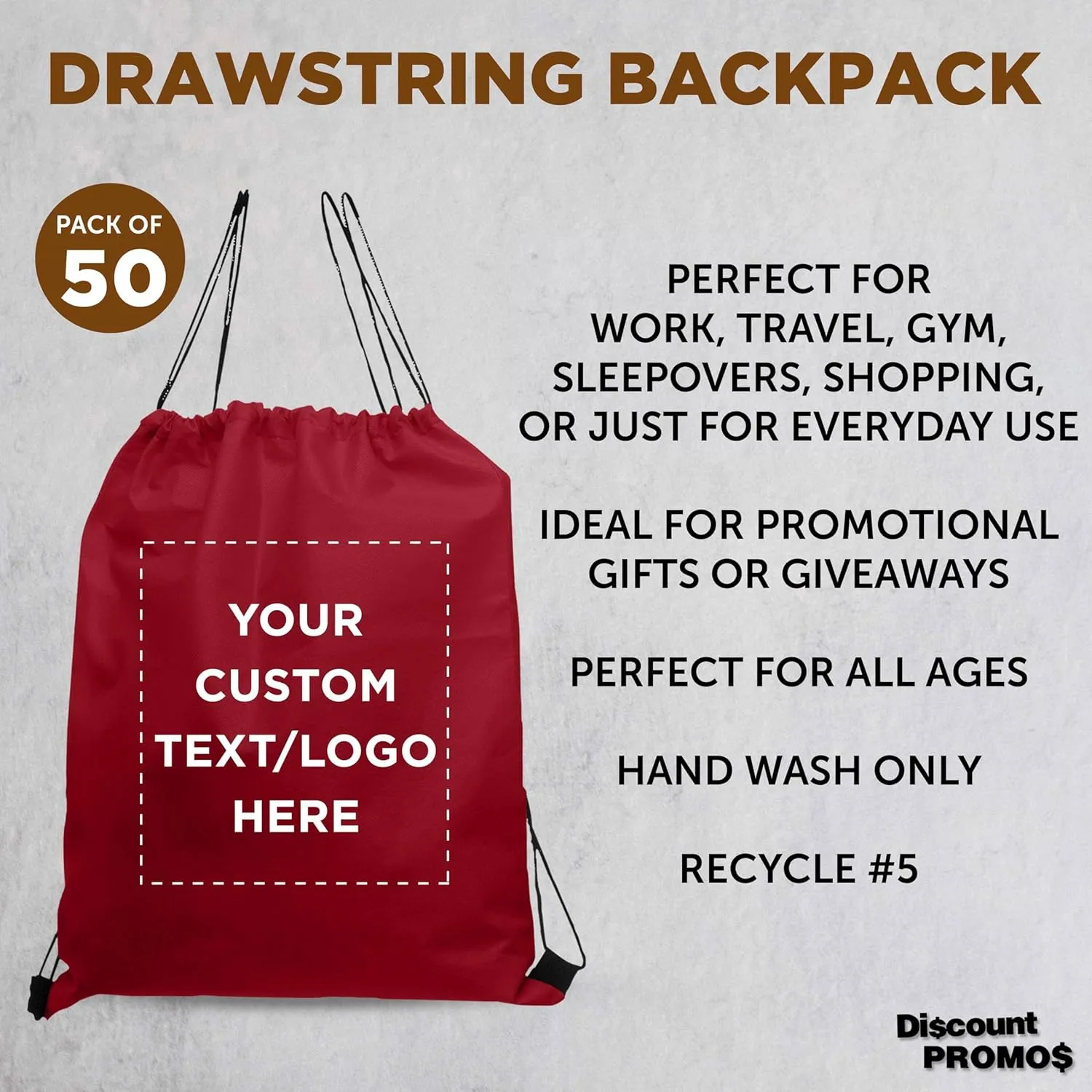 DISCOUNT PROMOS Custom Non-Woven Drawstring Backpacks Set of 50, Personalized Bulk Pack - Bring Everywhere You Go, Great for Travelling, Gym and for Everyday Use - Burgundy