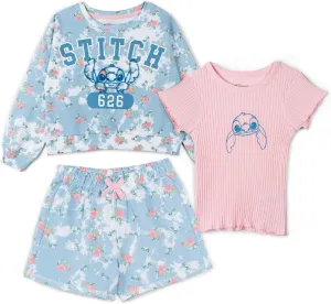 Disney Lilo & Stitch Girls French Terry Sweatshirt, T-Shirt & Shorts 3 Piece Outfit Toddler to Big Kid Sizes (4T - 10-12)
