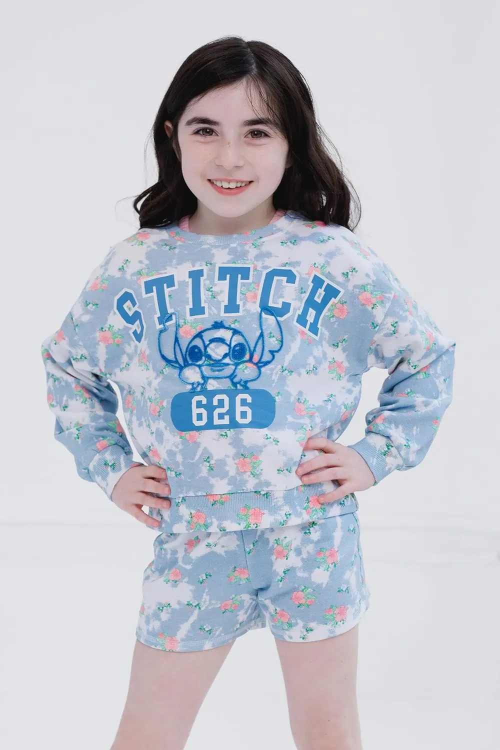 Disney Lilo & Stitch Girls French Terry Sweatshirt, T-Shirt & Shorts 3 Piece Outfit Toddler to Big Kid Sizes (4T - 10-12)