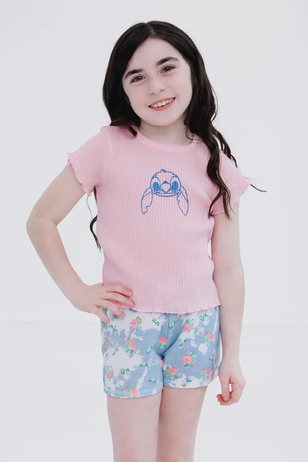 Disney Lilo & Stitch Girls French Terry Sweatshirt, T-Shirt & Shorts 3 Piece Outfit Toddler to Big Kid Sizes (4T - 10-12)