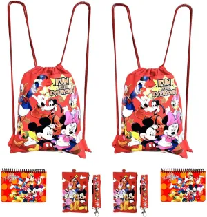 Disney Mickey and Minnie Mouse Drawstring unisex-adult Backpacks Plus Lanyards with Detachable Coin Purse and Autograph Books (Set of 6) (Red - Red)