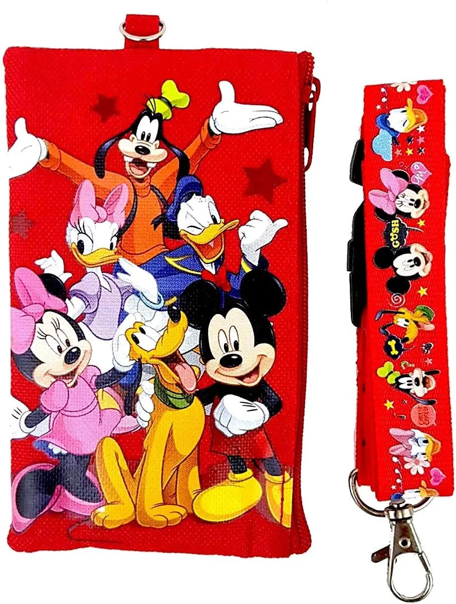 Disney Mickey and Minnie Mouse Drawstring unisex-adult Backpacks Plus Lanyards with Detachable Coin Purse and Autograph Books (Set of 6) (Red - Red)