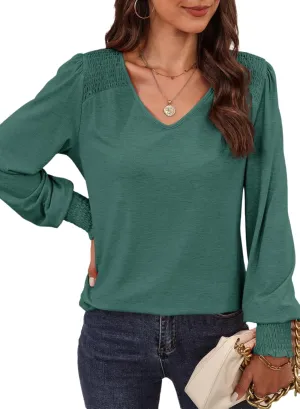 Dokotoo Women's Casual Long Sleeve Shirts Shirred Shoulders Solid Color Knit Tops Blouses