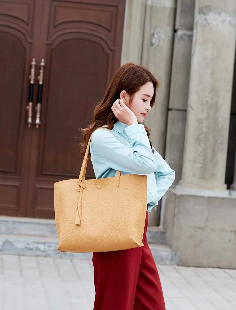 Dreubea Women's Soft Faux Leather Tote Shoulder Bag from, Big Capacity Tassel Handbag