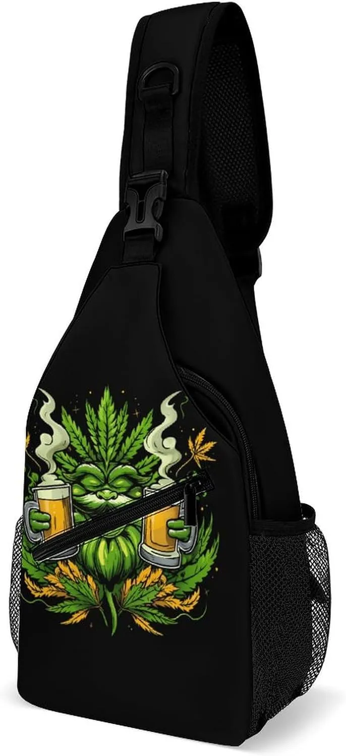 Drink Weed Funny Crossbody Sling Bag Novelty Chest Bags Shoulder Backpack For Travel Hiking 15×8×4 Inches