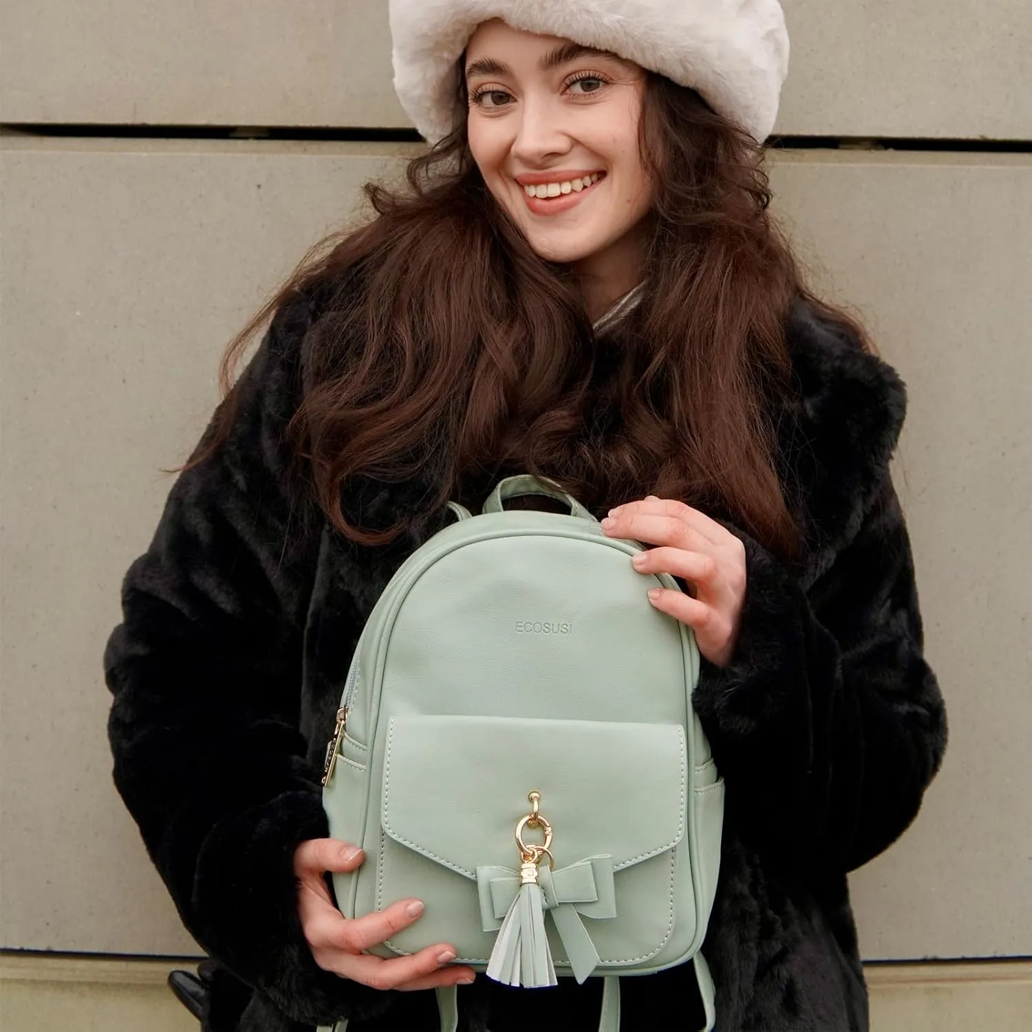 ECOSUSI Mini Backpack for Women Girls Cute Bowknot Small Backpack Purse Ladies Leather Bookbag Satchel Bag, with Charm Tassel