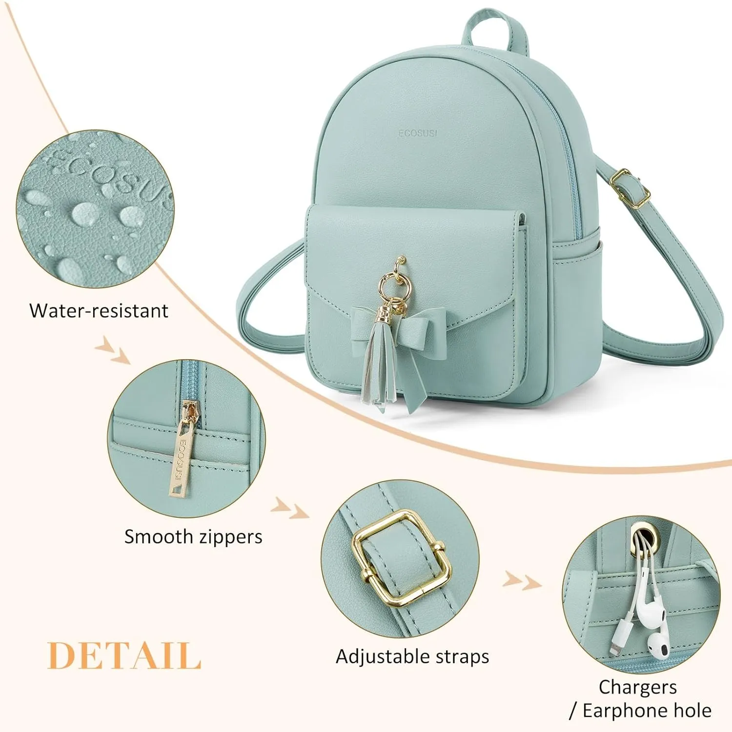 ECOSUSI Mini Backpack for Women Girls Cute Bowknot Small Backpack Purse Ladies Leather Bookbag Satchel Bag, with Charm Tassel