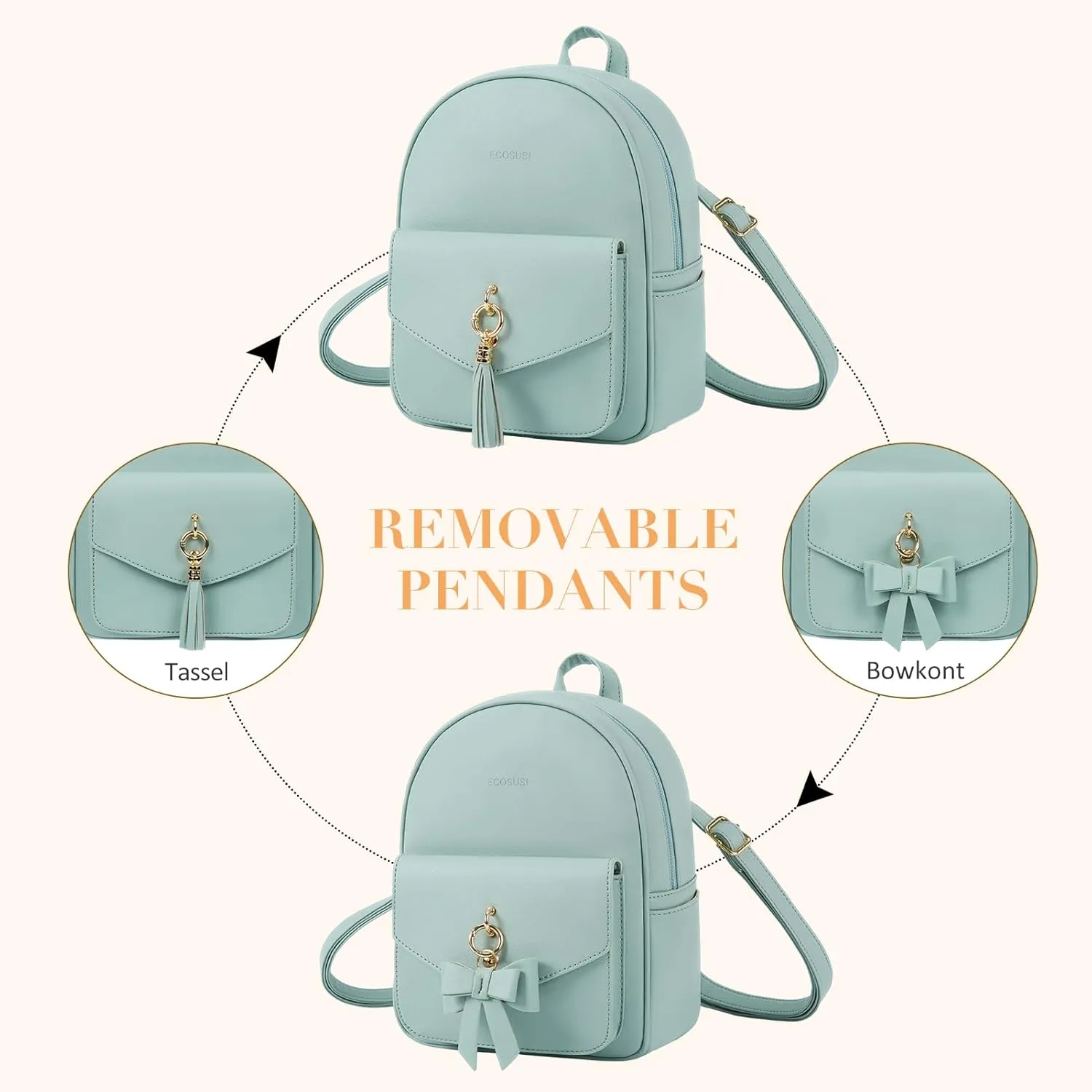 ECOSUSI Mini Backpack for Women Girls Cute Bowknot Small Backpack Purse Ladies Leather Bookbag Satchel Bag, with Charm Tassel