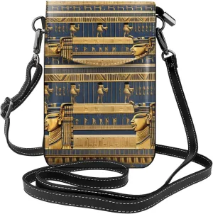 Egyptian Pharaonic Frescoes Crossbody Bag, Leather Crossbody Flap Mobile Phone Bag.# Fashion Tassel Wallet Designed For Women.