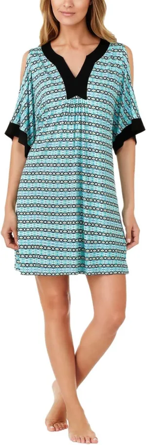 ELLEN TRACY Womens Split Neck Short Caftan Small S Ivory Blue