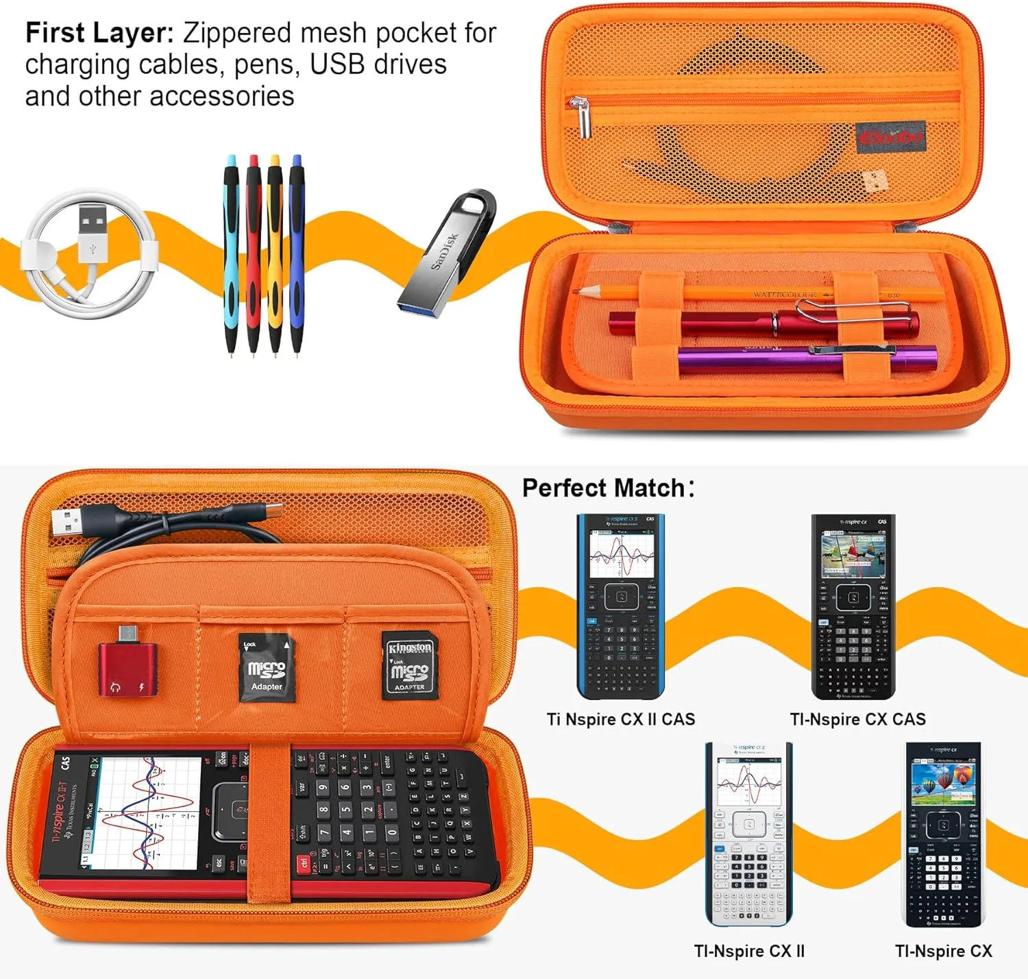Elonbo Carrying Case for Texas Instruments TI-Nspire CX II CAS/TI-Nspire CX II/CX/CX CAS Color Graphing Calculator, Extra Zipped Pocket Fits Charging Cable Charger Manual, Orange