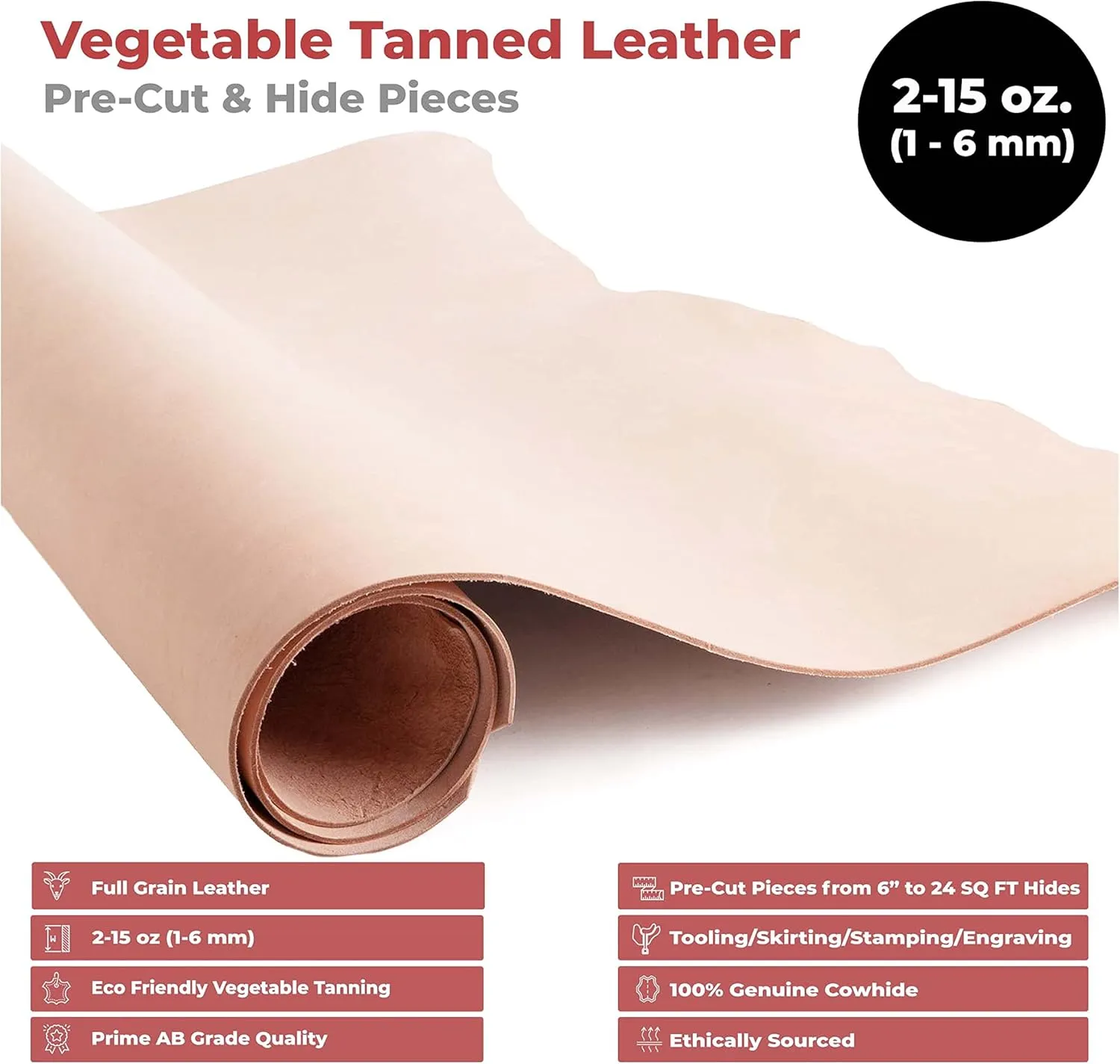 ELW 7-8 oz (2.8-3.2mm) Thickness Weight Pre-Cut 12"x24" Vegetable Tanned Leather Cowhide Grade AB Full Grain Leather for Tooling, Carving, Engraving, Molding, Embossing, Stamping, & Dyeing