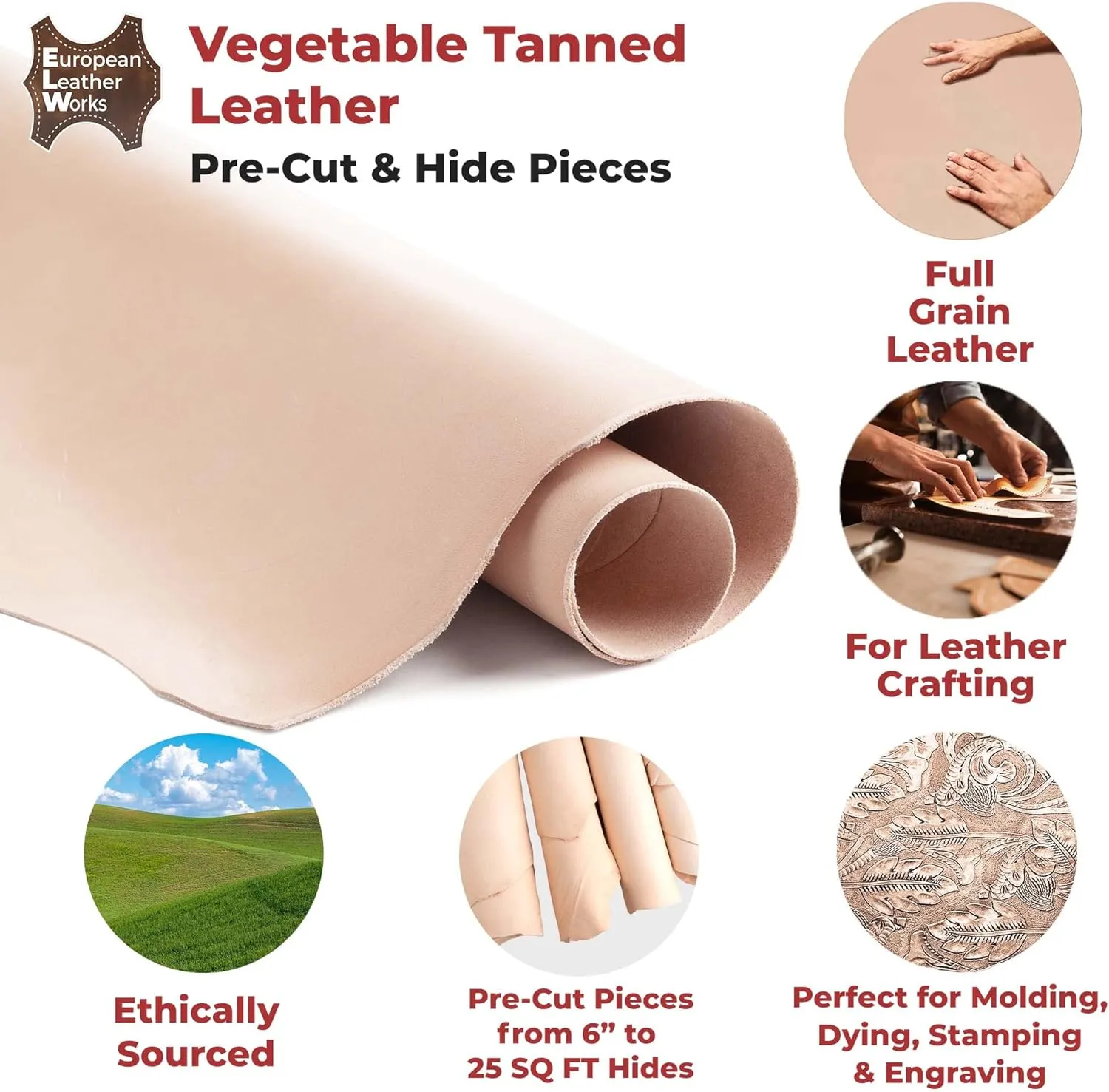 ELW 7-8 oz (2.8-3.2mm) Thickness Weight Pre-Cut 12"x24" Vegetable Tanned Leather Cowhide Grade AB Full Grain Leather for Tooling, Carving, Engraving, Molding, Embossing, Stamping, & Dyeing