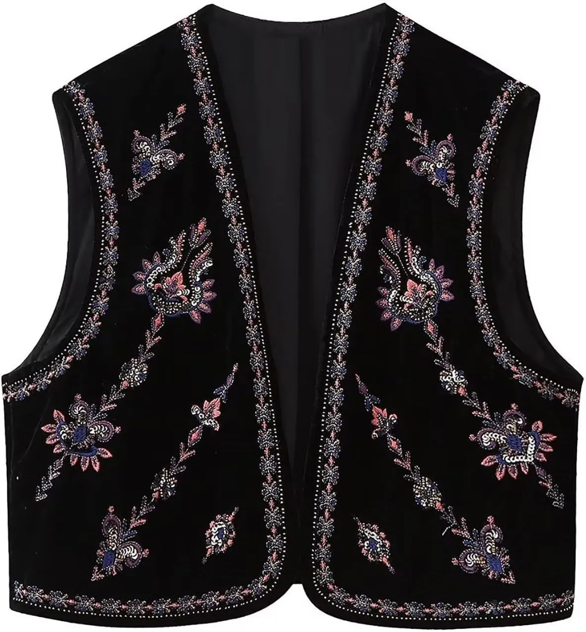 Embroidered Floral Velvet Vest for Women Vintage Sleeveless Open Front Crop Cardigan Boho Style Waistcoat Jackets