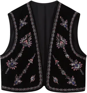 Embroidered Floral Velvet Vest for Women Vintage Sleeveless Open Front Crop Cardigan Boho Style Waistcoat Jackets