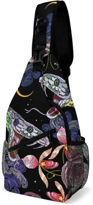 Embroidery Snake Roses Sling Bag Crossbody for Women Men Lightweight Adjustable Extender Strap Flower Shoulder Backpack with Water Bottle Holder Casual Daypack for Hiking Travel