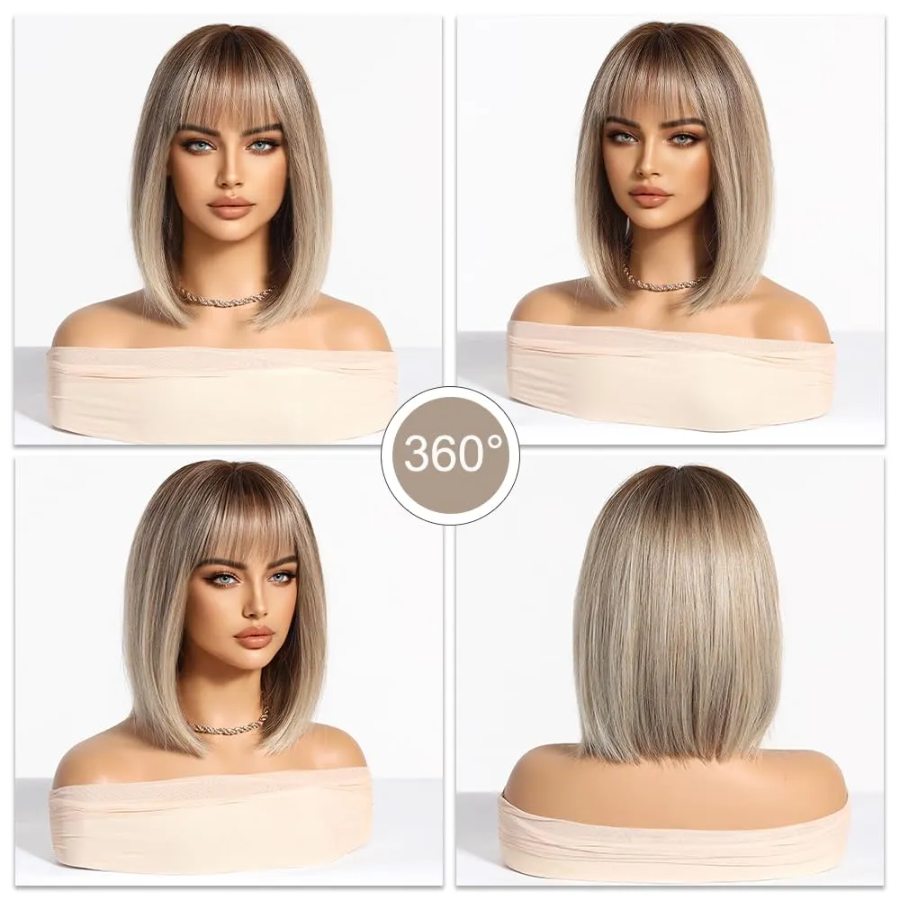 Esmee Short Straight Blonde Bob Wigs With Fringe Shoulder Length Wig Synthetic Ombre Wigs for Cosplay Daily & Party Use