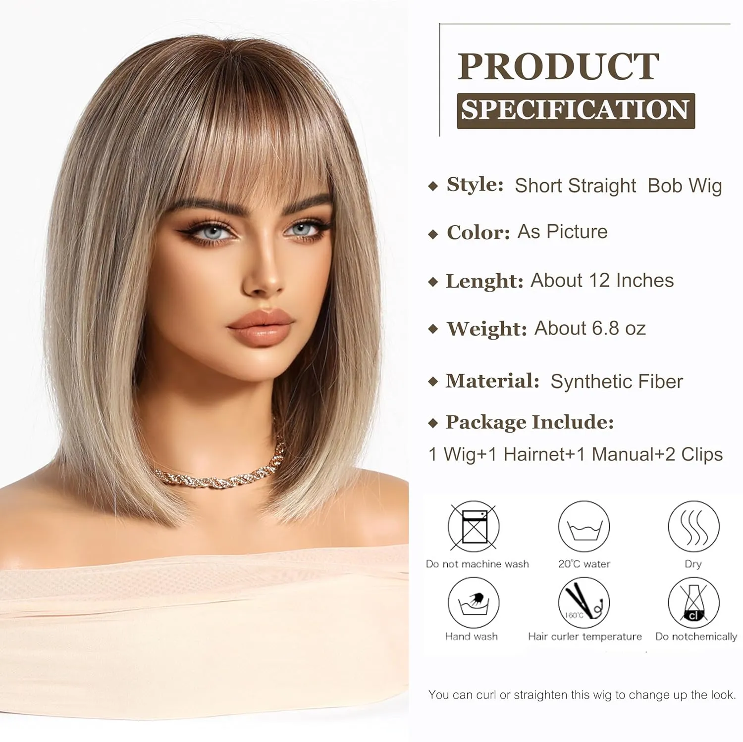 Esmee Short Straight Blonde Bob Wigs With Fringe Shoulder Length Wig Synthetic Ombre Wigs for Cosplay Daily & Party Use
