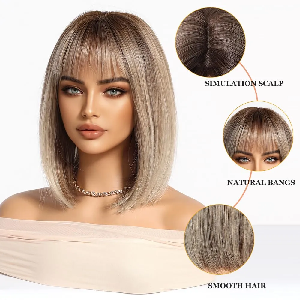 Esmee Short Straight Blonde Bob Wigs With Fringe Shoulder Length Wig Synthetic Ombre Wigs for Cosplay Daily & Party Use