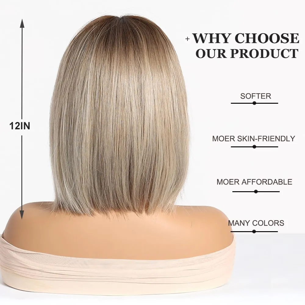 Esmee Short Straight Blonde Bob Wigs With Fringe Shoulder Length Wig Synthetic Ombre Wigs for Cosplay Daily & Party Use