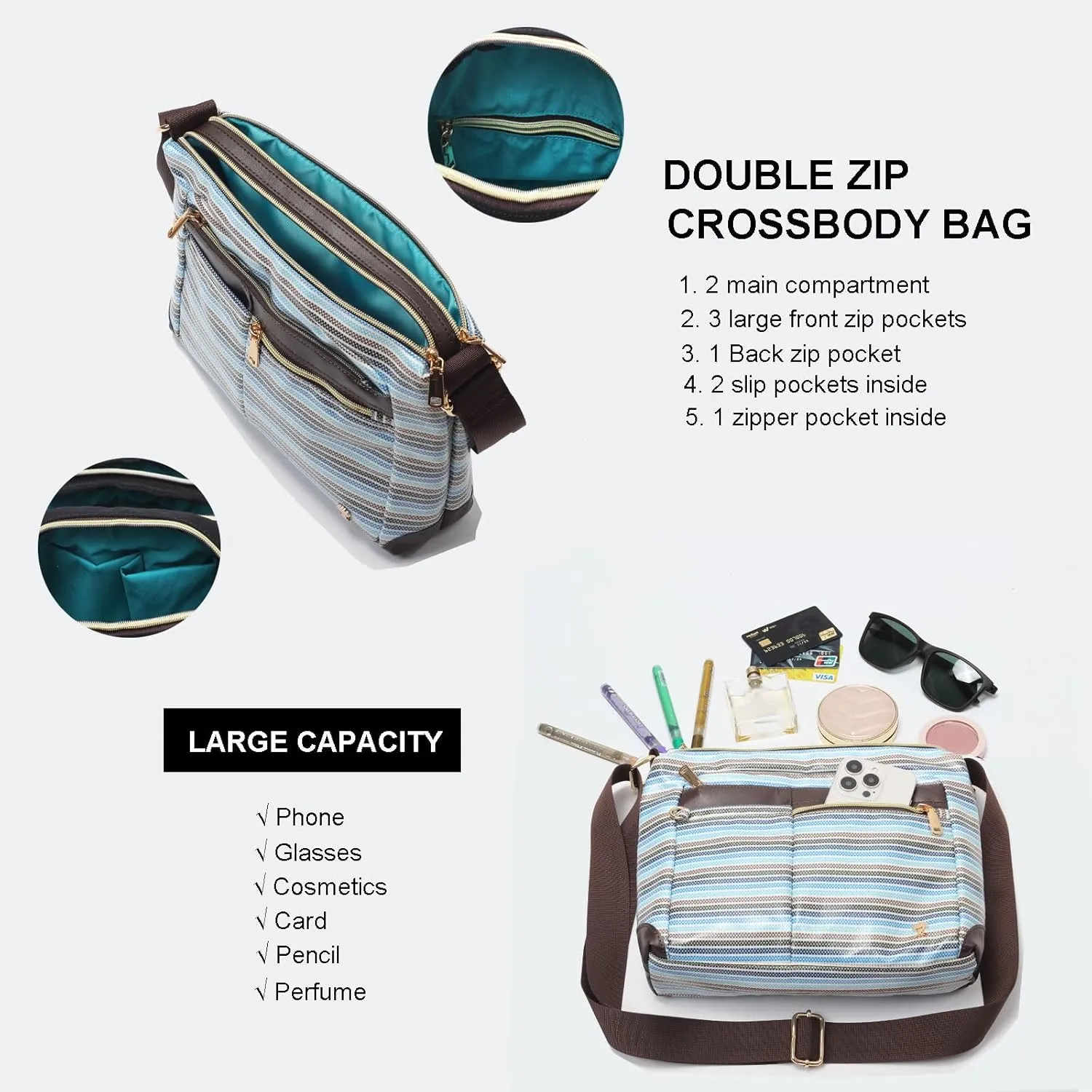 ESVAN Nylon Crossbody Bag For Women Waterproof Lightweight Casual Multi Pockets Shoulder Handbag Purse