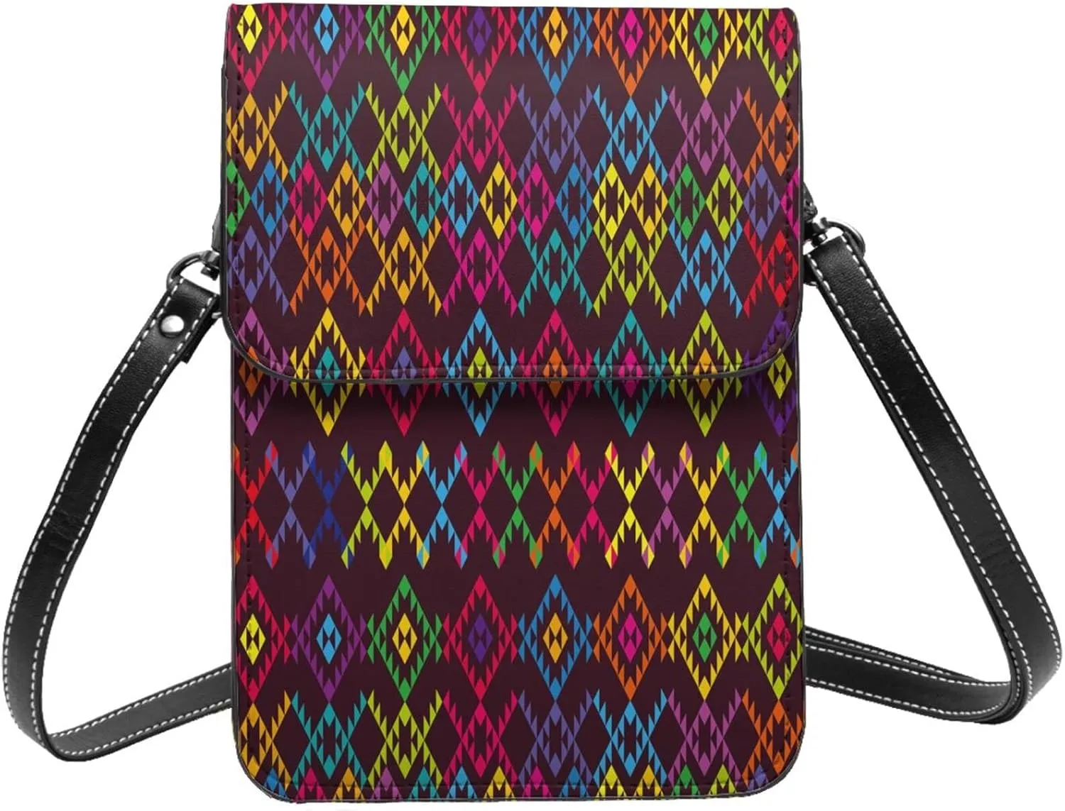 Ethnic colored ancient geometric colorful Crossbody Cell Phone Purse for Women Girls Leather Mini Cross Body Bags Small Shoulder Bags