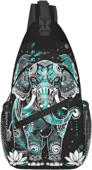 Ethnic Elephant Lotus Flower Sling Bag Crossbody Bag for Men Women, Daypack Chest Backpack Shoulder Bag for Travle Hiking