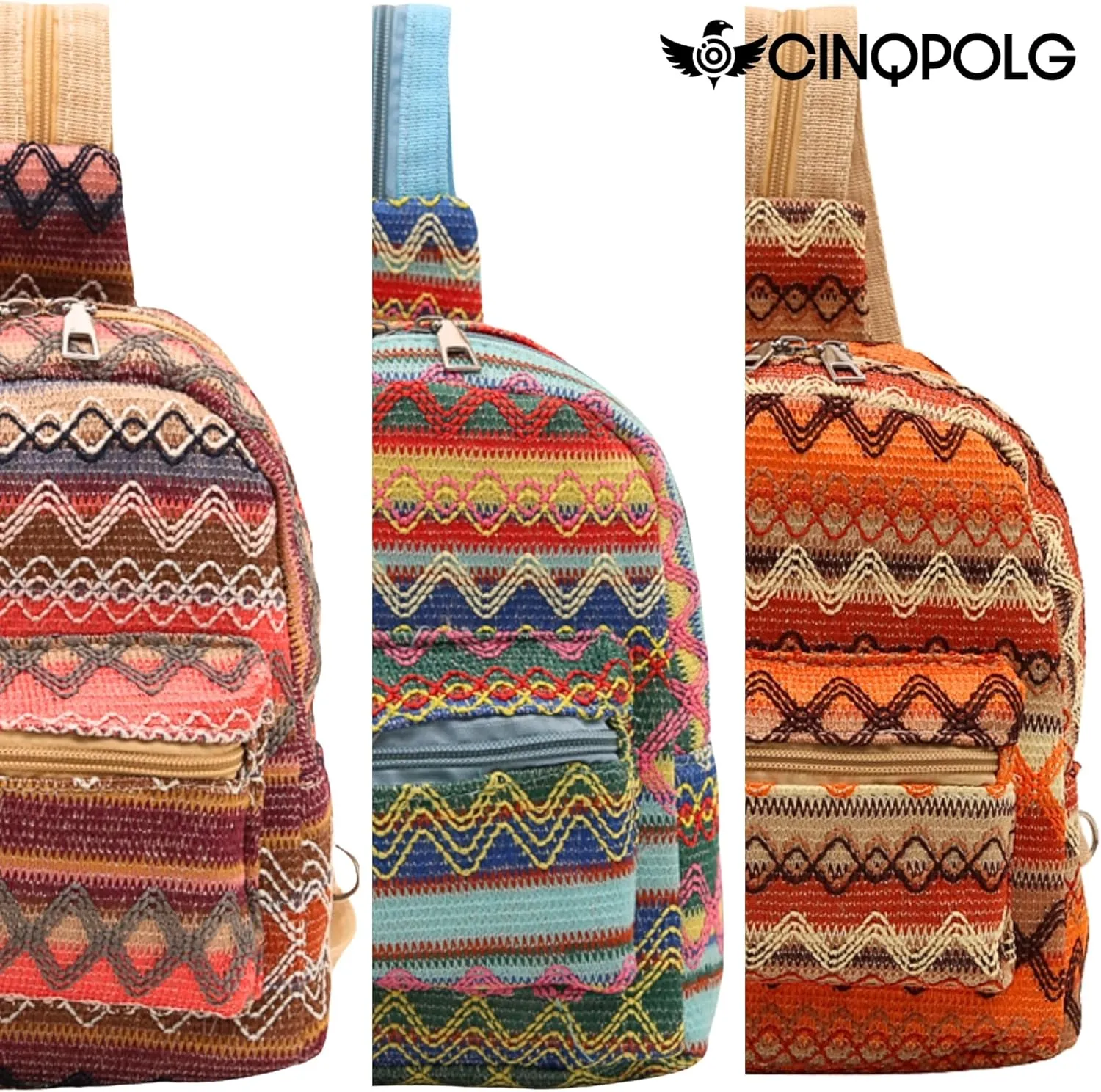 Ethnic Tribal Pattern Soft Fabric Handmade Convertible Zipper Sling Backpack, Lightweight Travel Adjustable Crossbody Bags