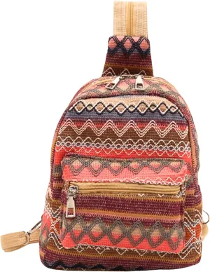 Ethnic Tribal Pattern Soft Fabric Handmade Convertible Zipper Sling Backpack, Lightweight Travel Adjustable Crossbody Bags