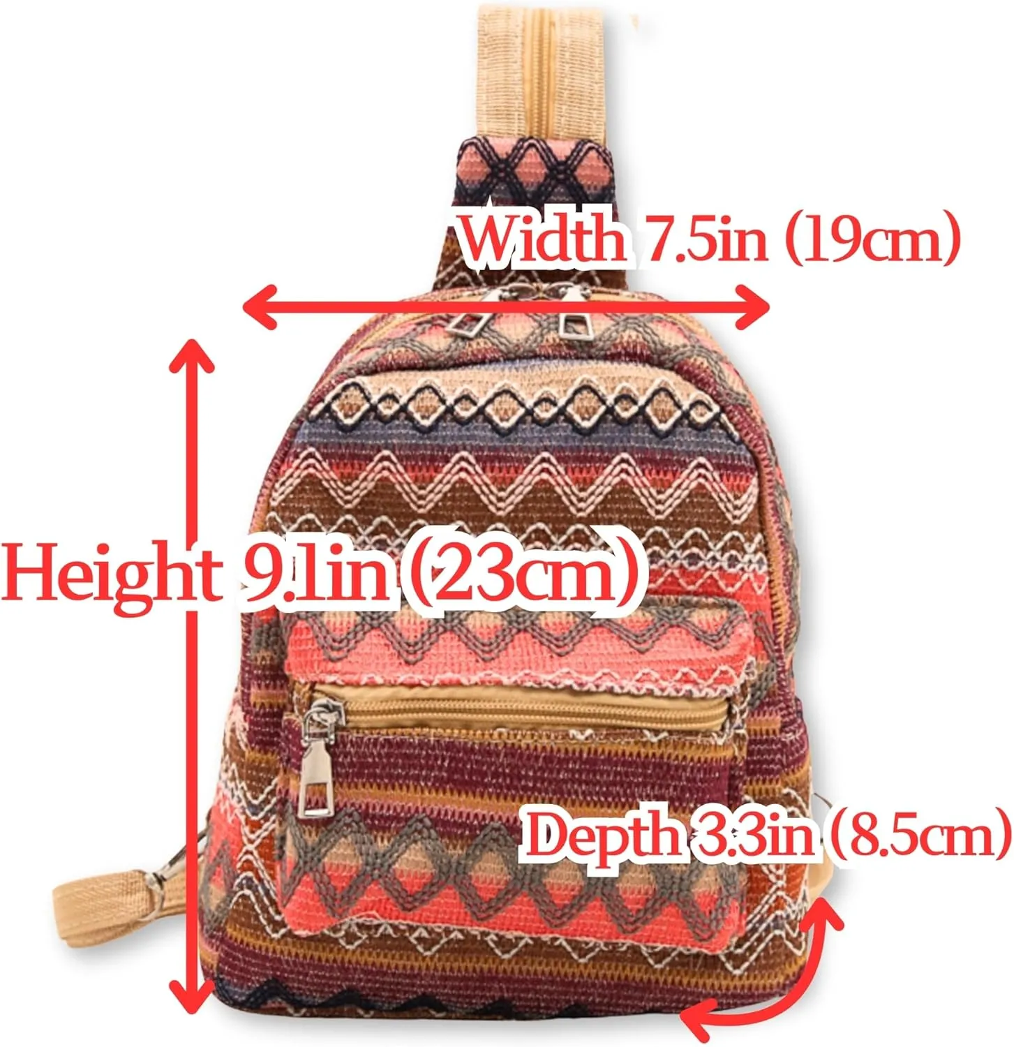 Ethnic Tribal Pattern Soft Fabric Handmade Convertible Zipper Sling Backpack, Lightweight Travel Adjustable Crossbody Bags
