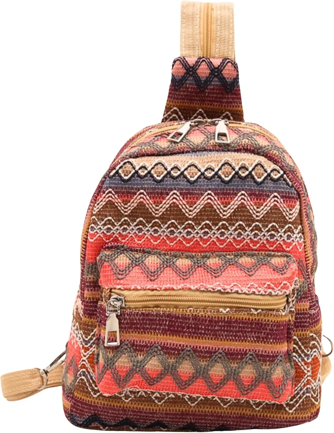 Ethnic Tribal Pattern Soft Fabric Handmade Convertible Zipper Sling Backpack, Lightweight Travel Adjustable Crossbody Bags